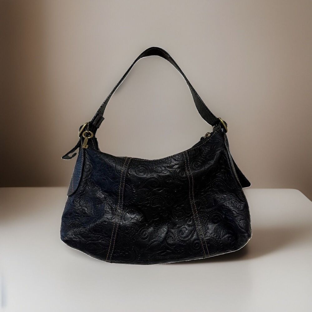Fossil Black Tooled Leather Hobo Shoulder Bag Floral Embossed Brass Hardware